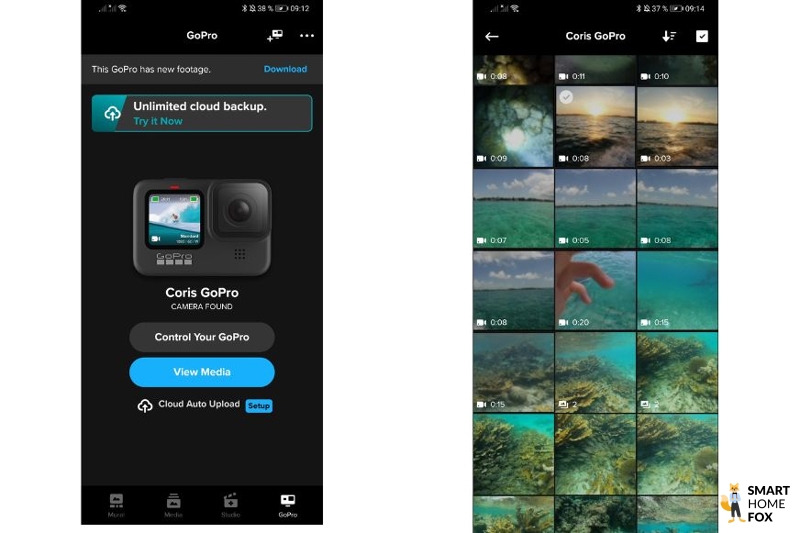 Man sieht den Reiter “GoPro” in der GoPro Quick App.